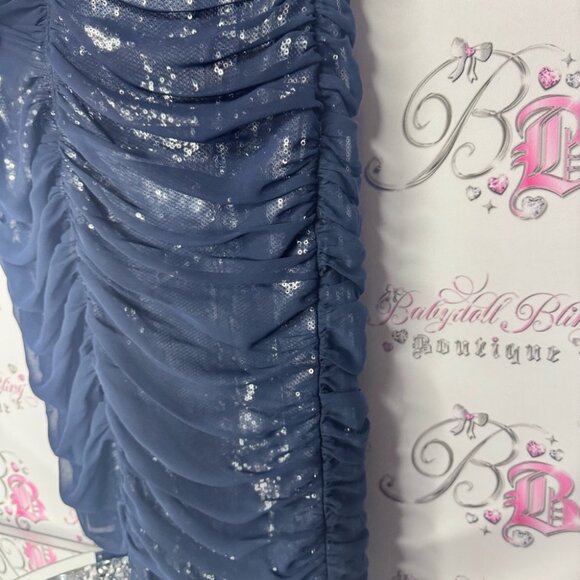 Tadashi shoji dress silk tiered Elegant Blue Sequin Dress sparkly blue - Picture 14 of 15